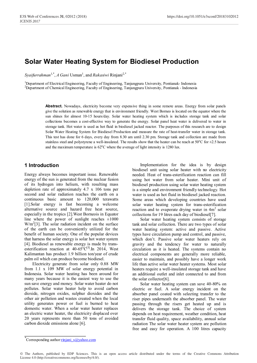 Pdf Solar Water Heating System For Biodiesel Production