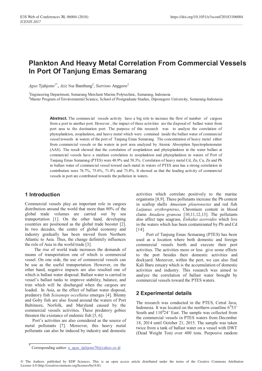 Pdf Plankton And Heavy Metal Correlation From Commercial Vessels In Port Of Tanjung Emas Semarang