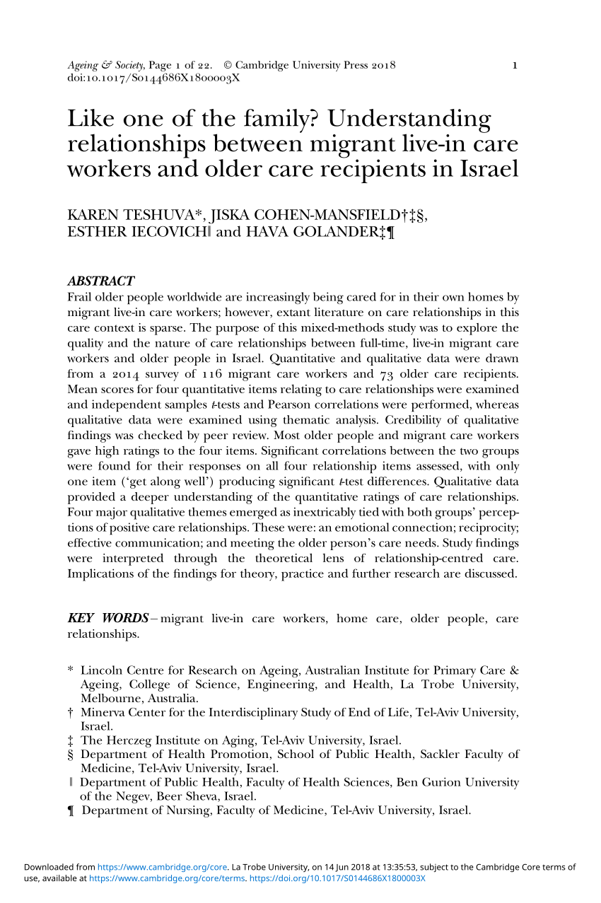 PDF) Like one of the family? Understanding relationships between migrant  live-in care workers and older care recipients in Israel | ResearchGate