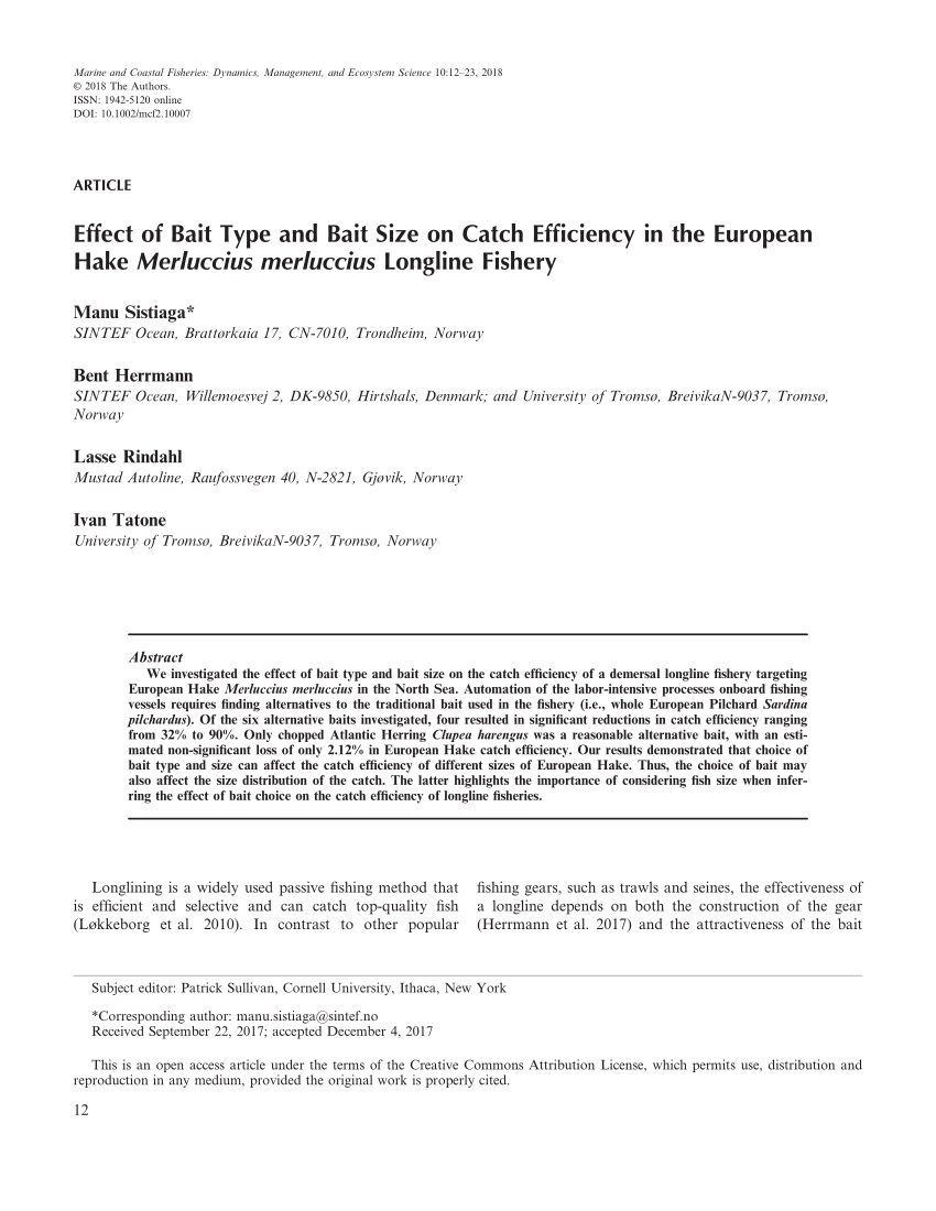 PDF) Effect of Bait Type and Bait Size on Catch Efficiency in the European  Hake Merluccius merluccius Longline Fishery