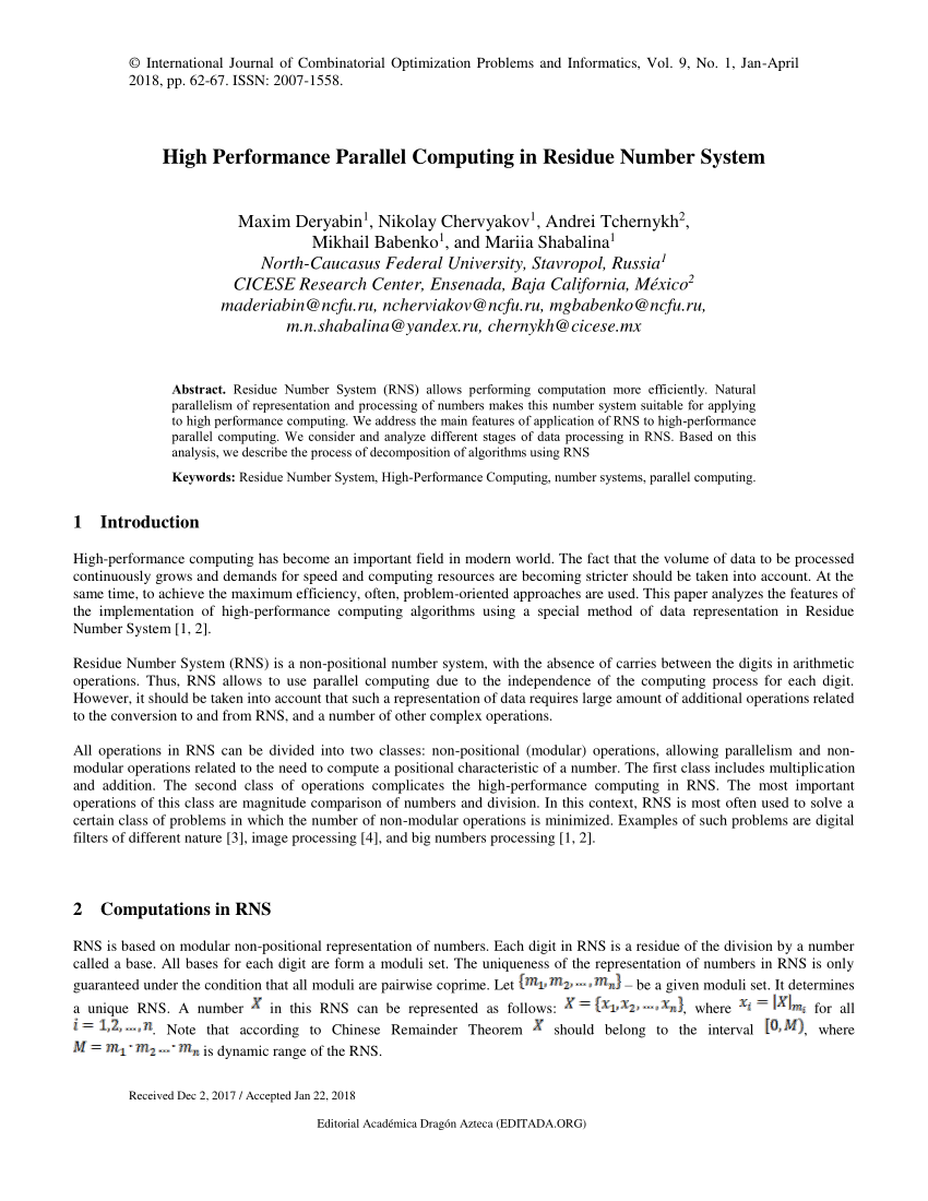 Pdf High Performance Parallel Computing In Residue Number System