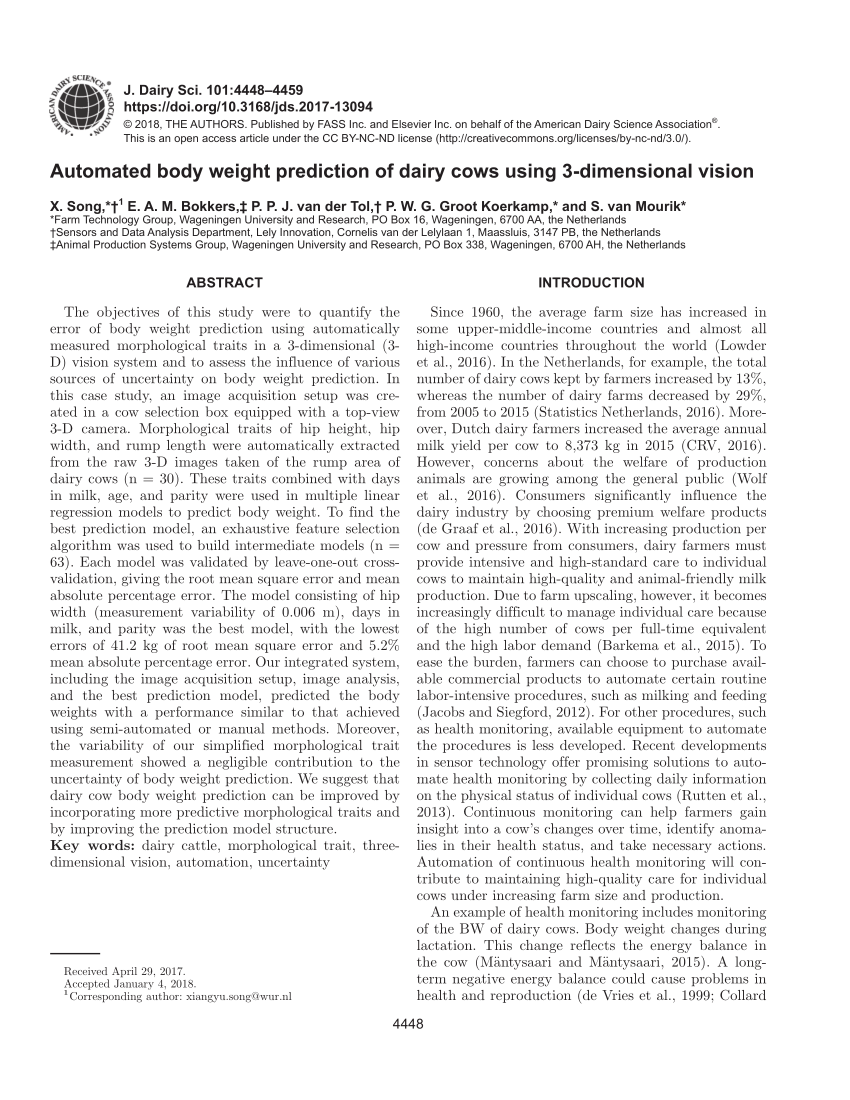 Pdf Automated Body Weight Prediction Of Dairy Cows Using 3 Dimensional Vision
