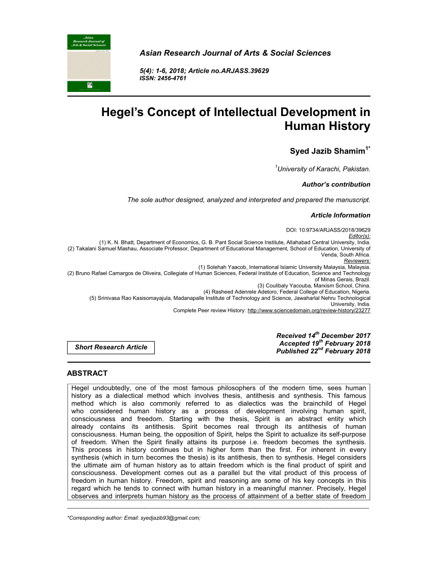 Pdf Hegel S Concept Of Intellectual Development In Human History