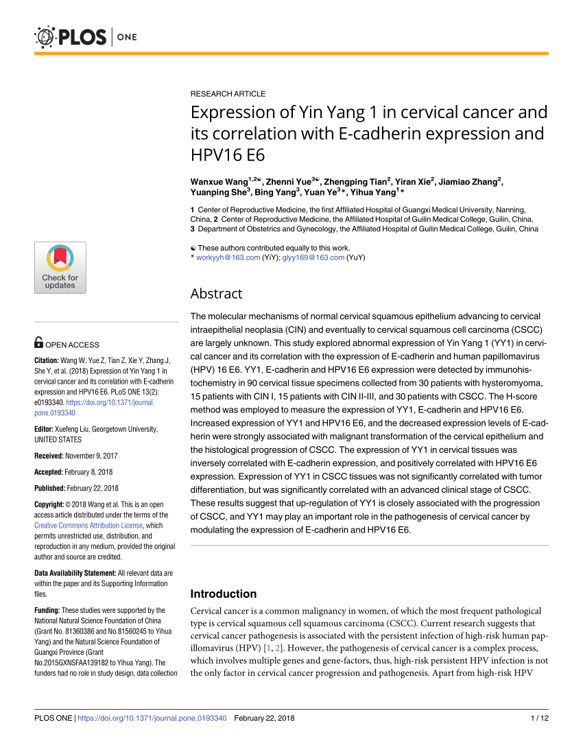 Pdf Expression Of Yin Yang 1 In Cervical Cancer And Its Correlation With E Cadherin Expression And Hpv16 E6