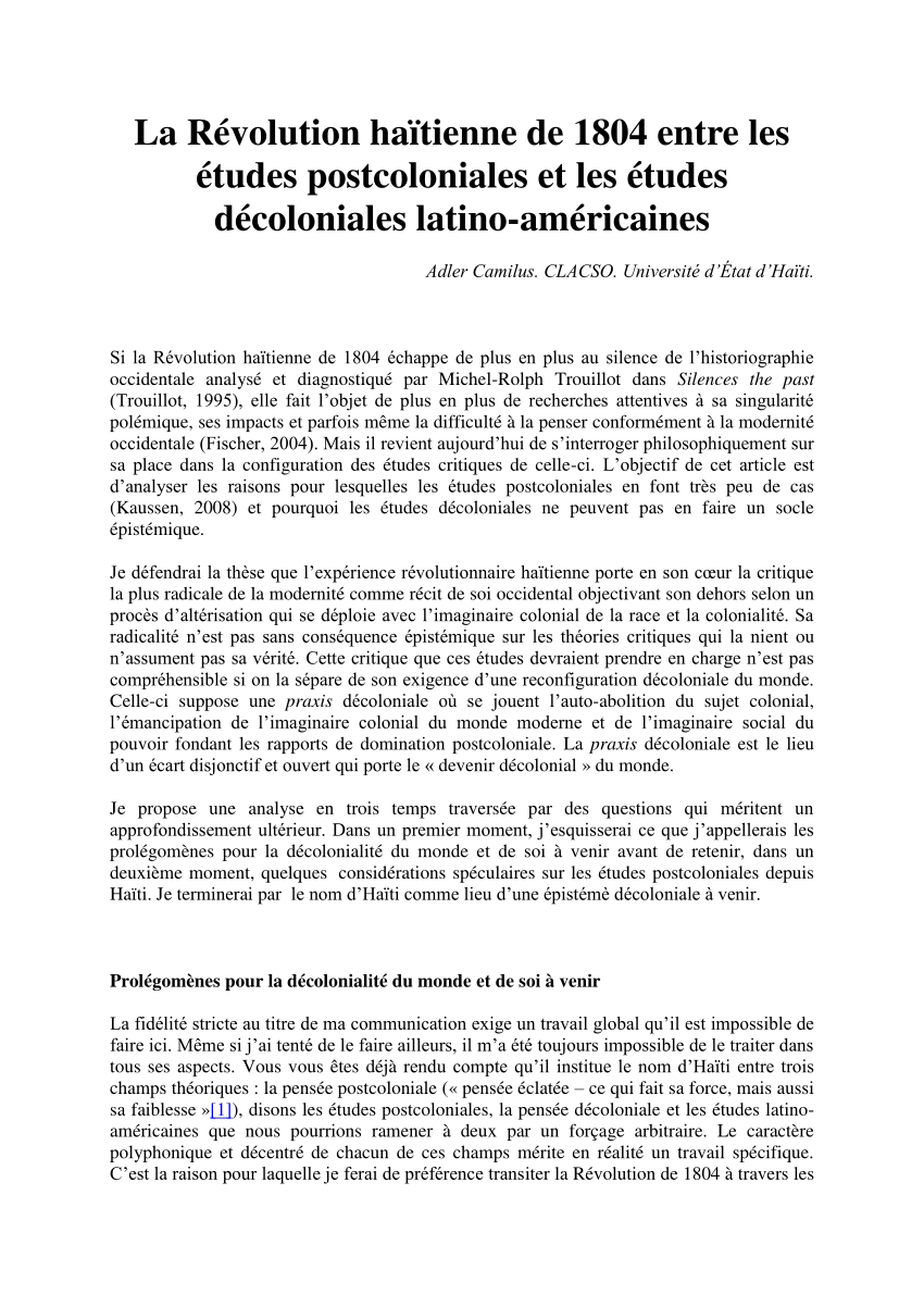 Pdf La Revolution Haitienne De 1804 Entre Les Etudes Postcoloniales Et Les Etudes Decoloniales Latino Americaines