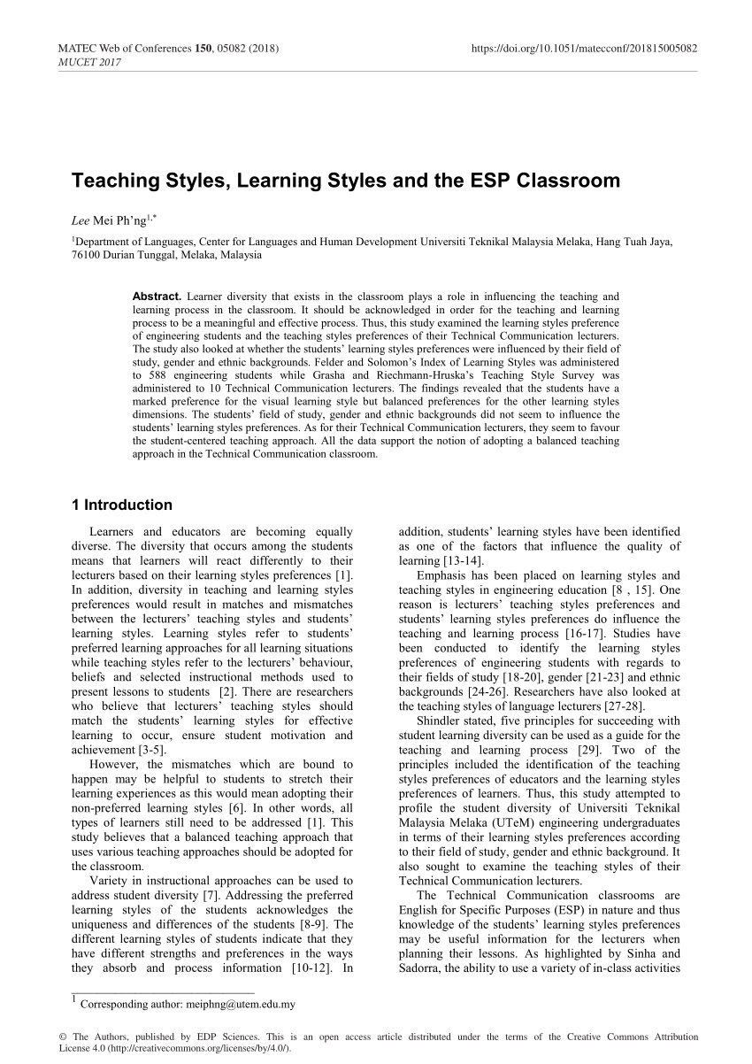 Pdf Teaching Styles Learning Styles And The Esp Classroom