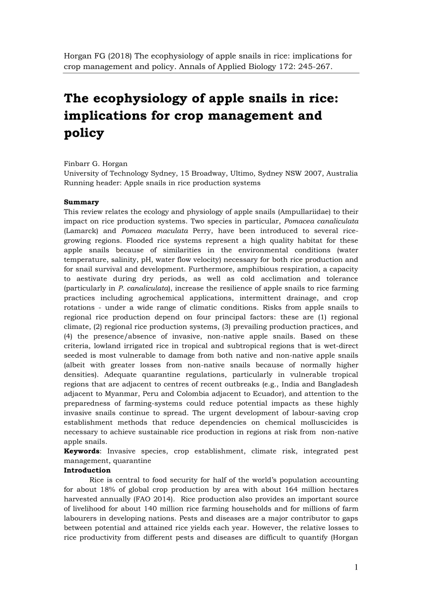 Pdf The Ecophysiology Of Apple Snails In Rice Implications For Crop Management And Policy