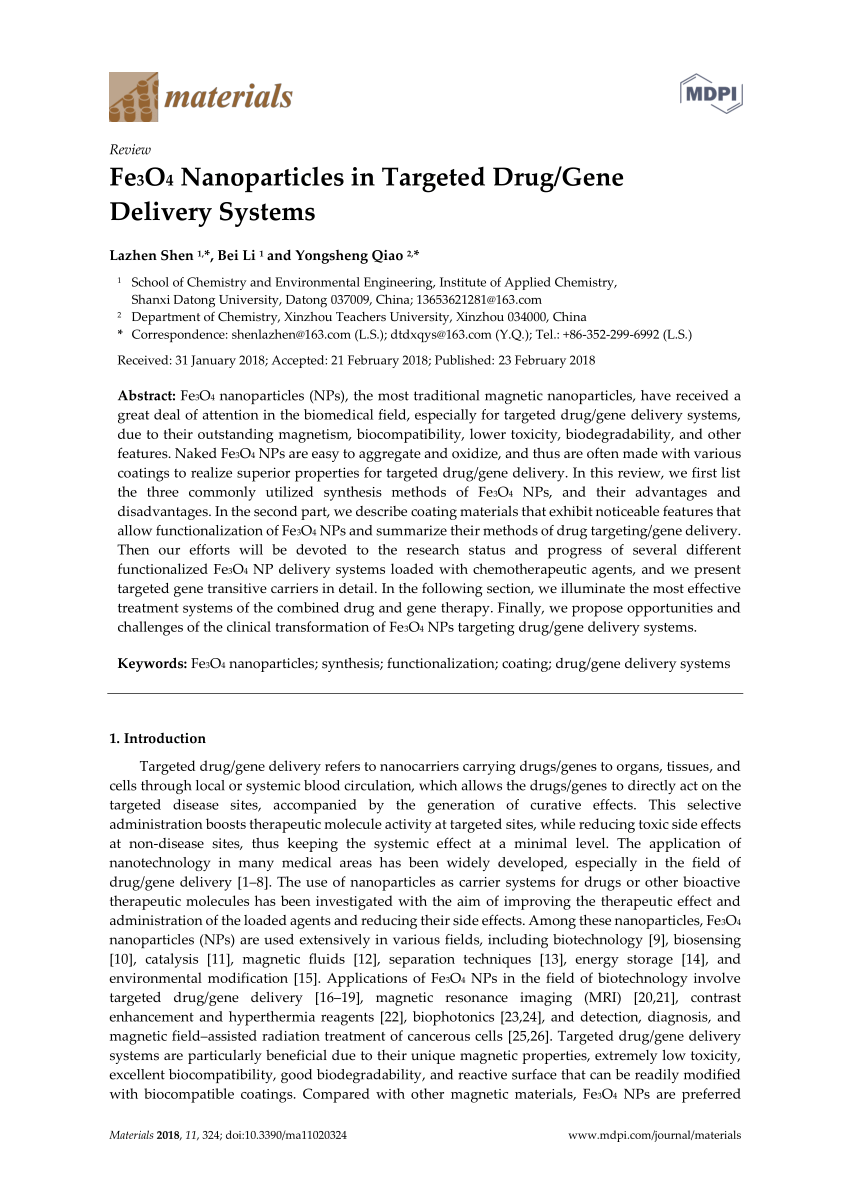 PDF) Fe3O4 Nanoparticles in Targeted Drug/Gene Delivery Systems