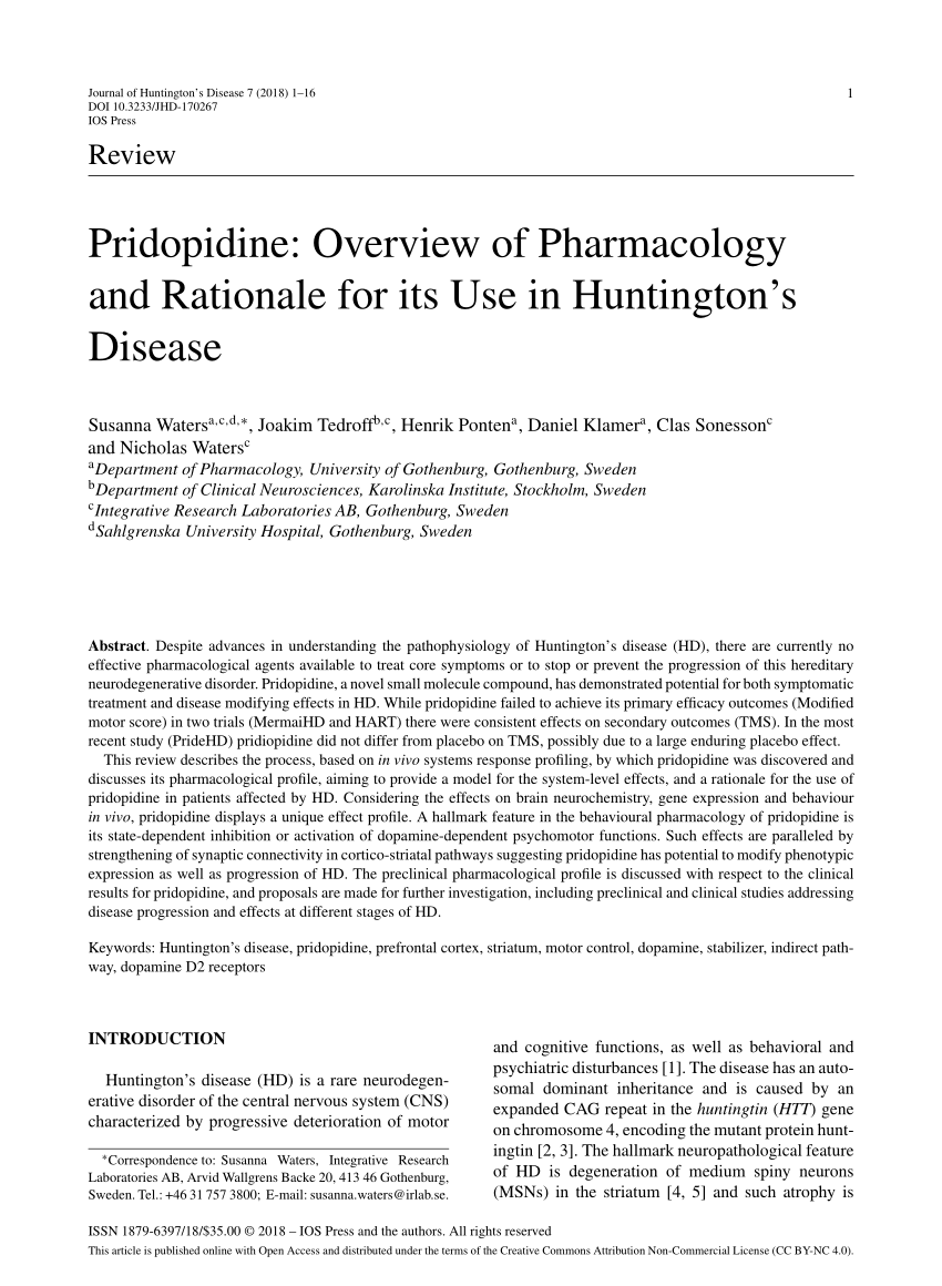 (PDF) Pridopidine Overview of Pharmacology and Rationale for its Use