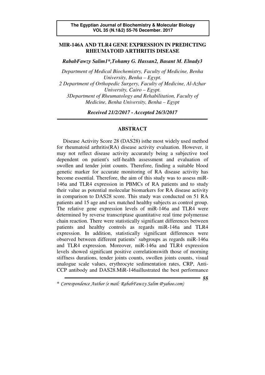 Pdf Mir 146a And Tlr4 Gene Expression In Predicting Rheumatoid Arthritis Disease 