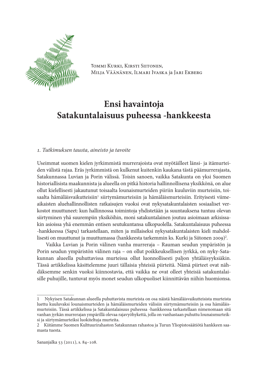 PDF) Ensi havaintoja Satakuntalaisuus puheessa -hankkeesta