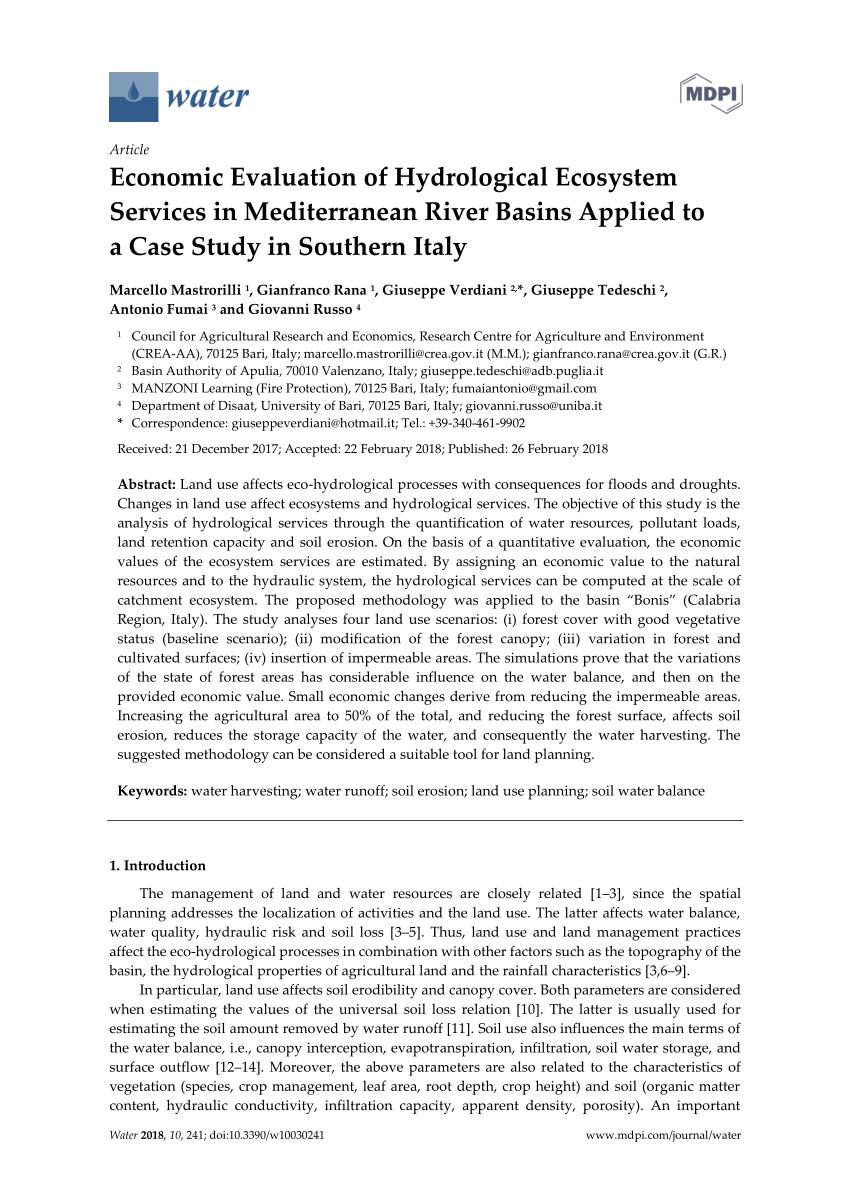Pdf Economic Evaluation Of Hydrological Ecosystem Services In Mediterranean River Basins Applied To A Case Study In Southern Italy