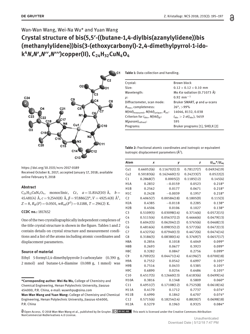 Pdf Crystal Structure Of Bis 5 5 Butane 1 4 Diylbis Azanylylidene Bis Methanylylidene Bis 3 Ethoxycarbonyl 2 4 Dimethylpyrrol 1 Ido K4n N N N Copper Ii C24h32cun4o4