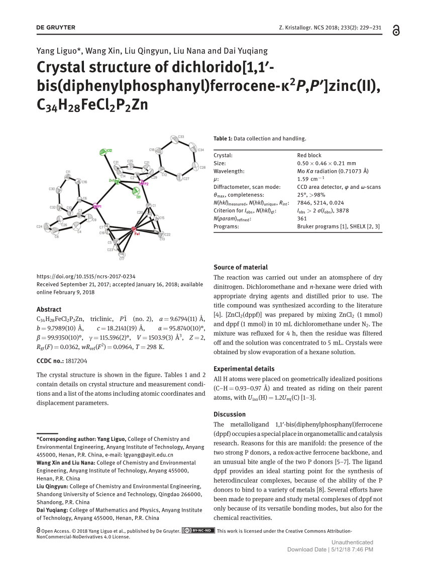 Pdf Crystal Structure Of Dichlorido 1 1 Bis Diphenylphosphanyl Ferrocene K2p P Zinc Ii C34h28fecl2p2zn