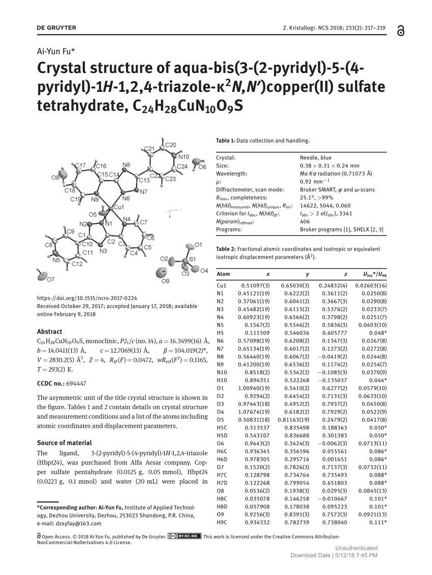 Pdf Crystal Structure Of Aqua Bis 3 2 Pyridyl 5 4 Pyridyl 1h 1 2 4 Triazole K2n N Copper Ii Sulfate Tetrahydrate C24h28cun10o9s