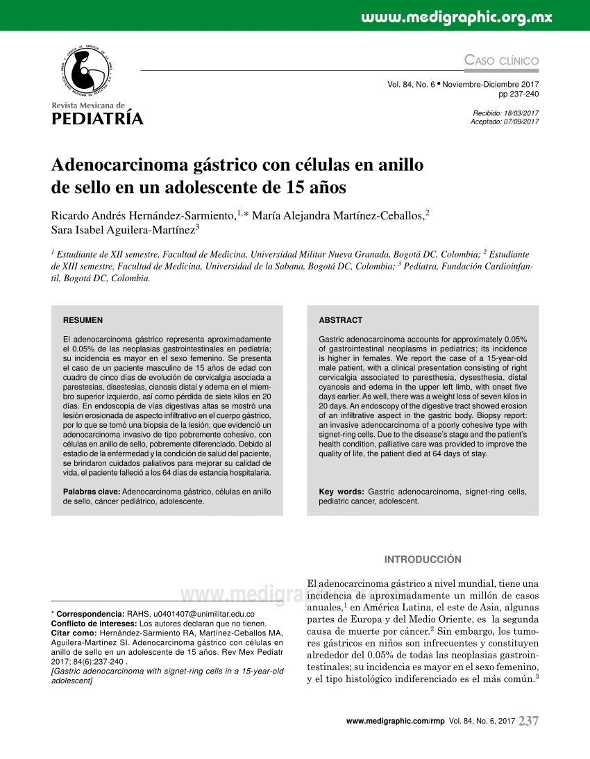 Pdf Adenocarcinoma Gastrico Con Celulas En Anillo De Sello En Un Adolescente De 15 Anos