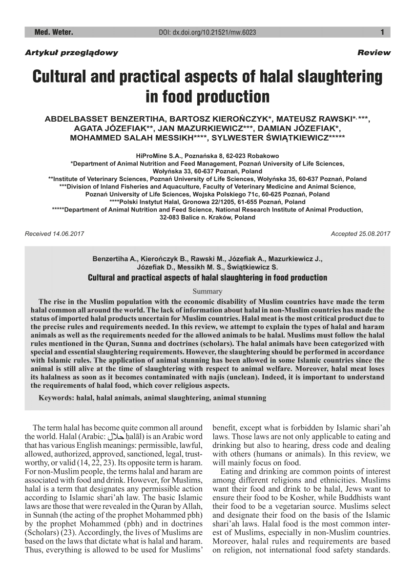 Pdf Cultural And Practical Aspects Of Halal Slaughtering In Food Production