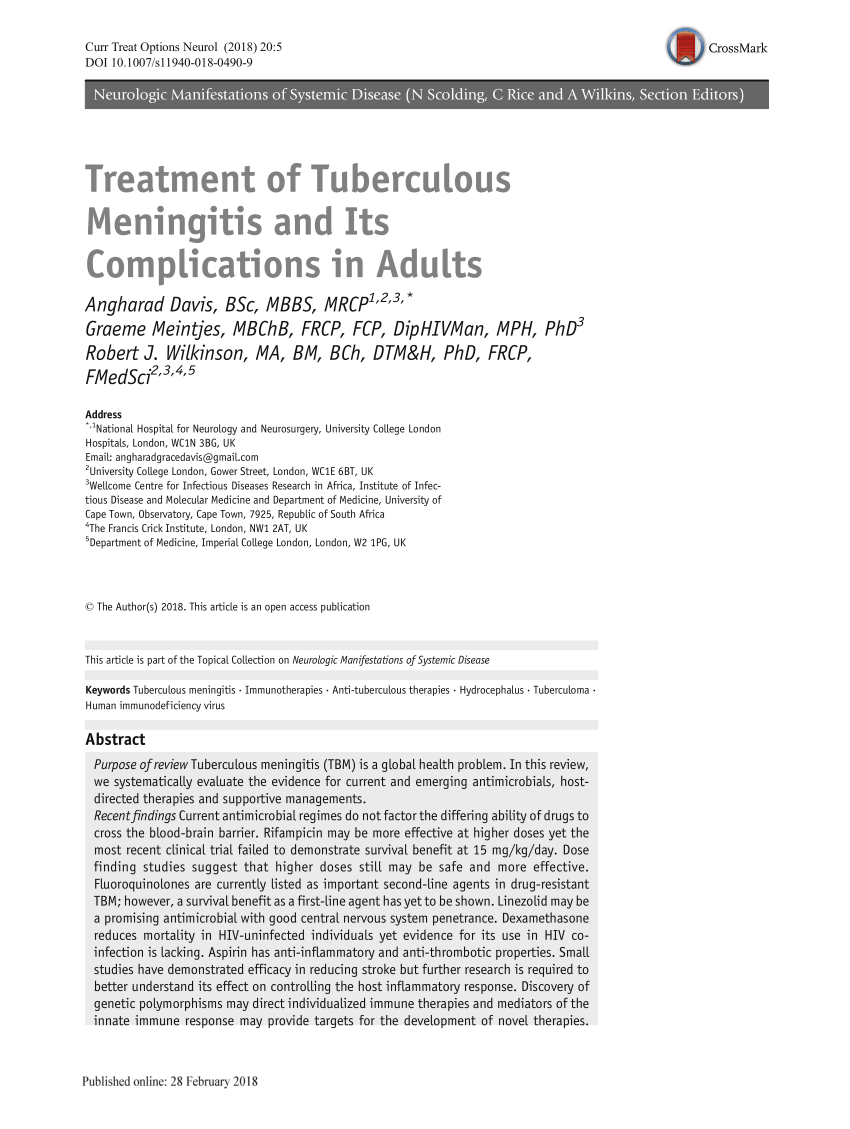 Pdf Treatment Of Tuberculous Meningitis And Its Complications In Adults