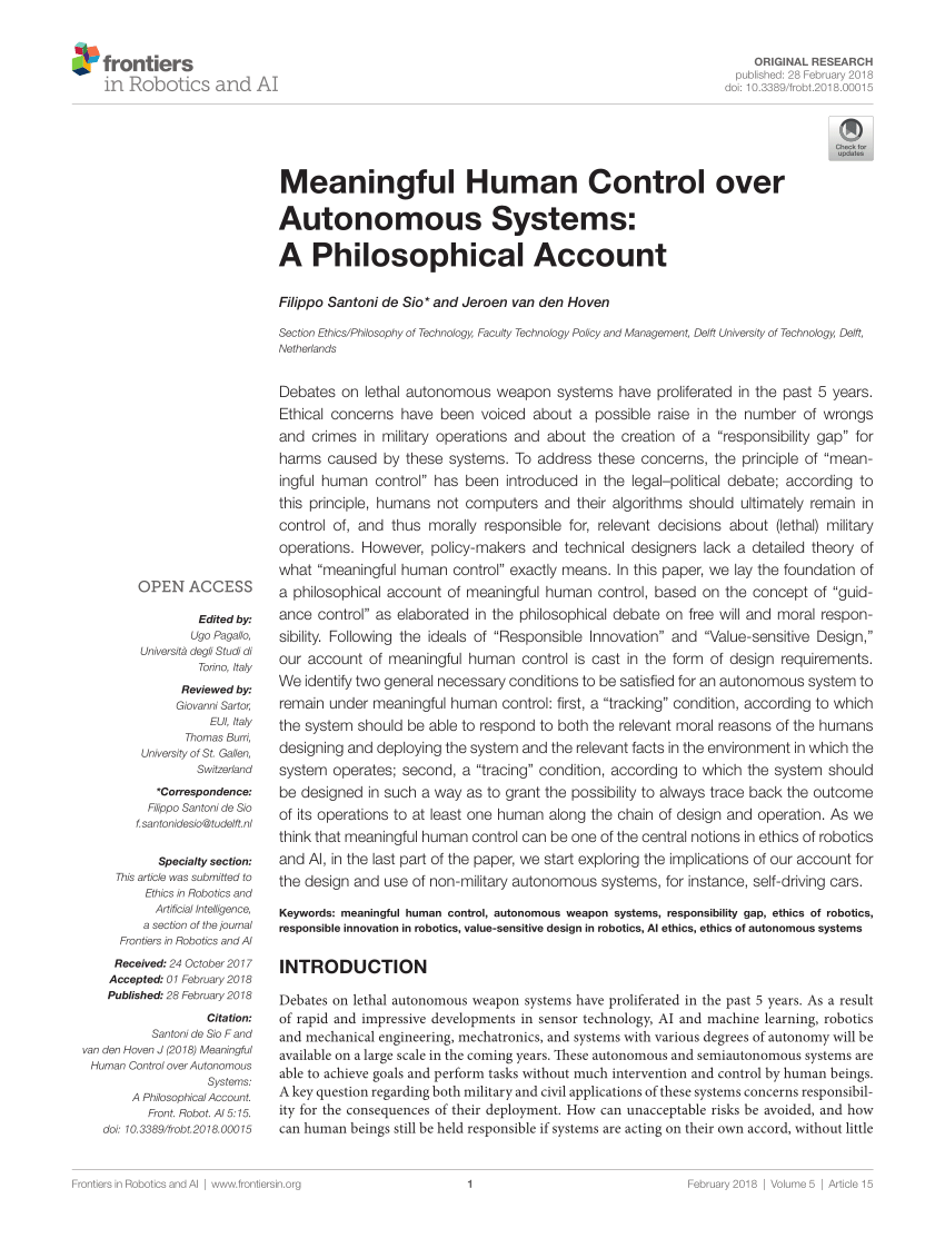 Pdf Meaningful Human Control Over Autonomous Systems A