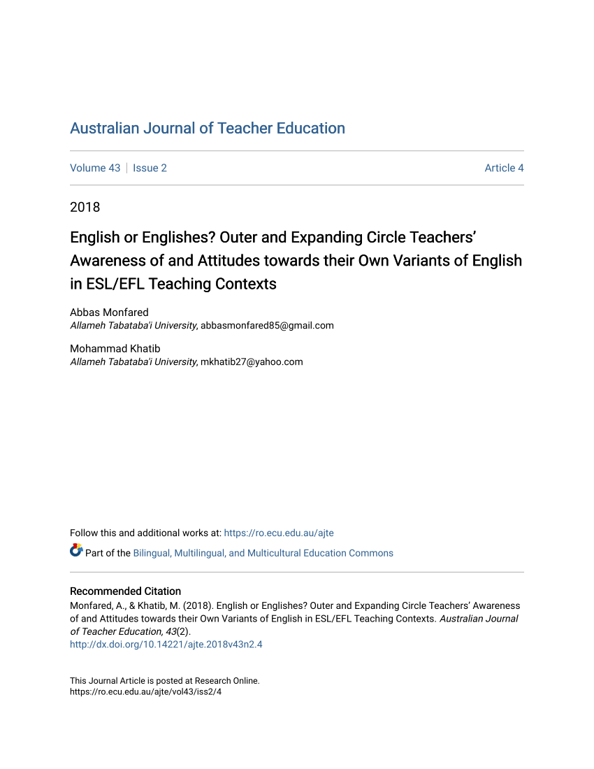 PDF) or Outer and Expanding Circle Teachers' Awareness of and Attitudes towards their Own of in ESL/EFL Teaching Contexts