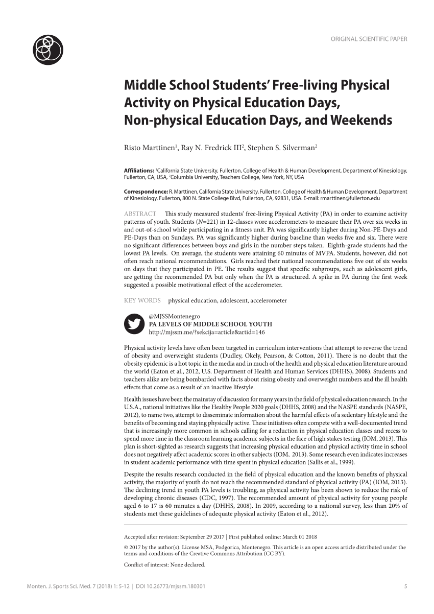 physical education articles for middle school students