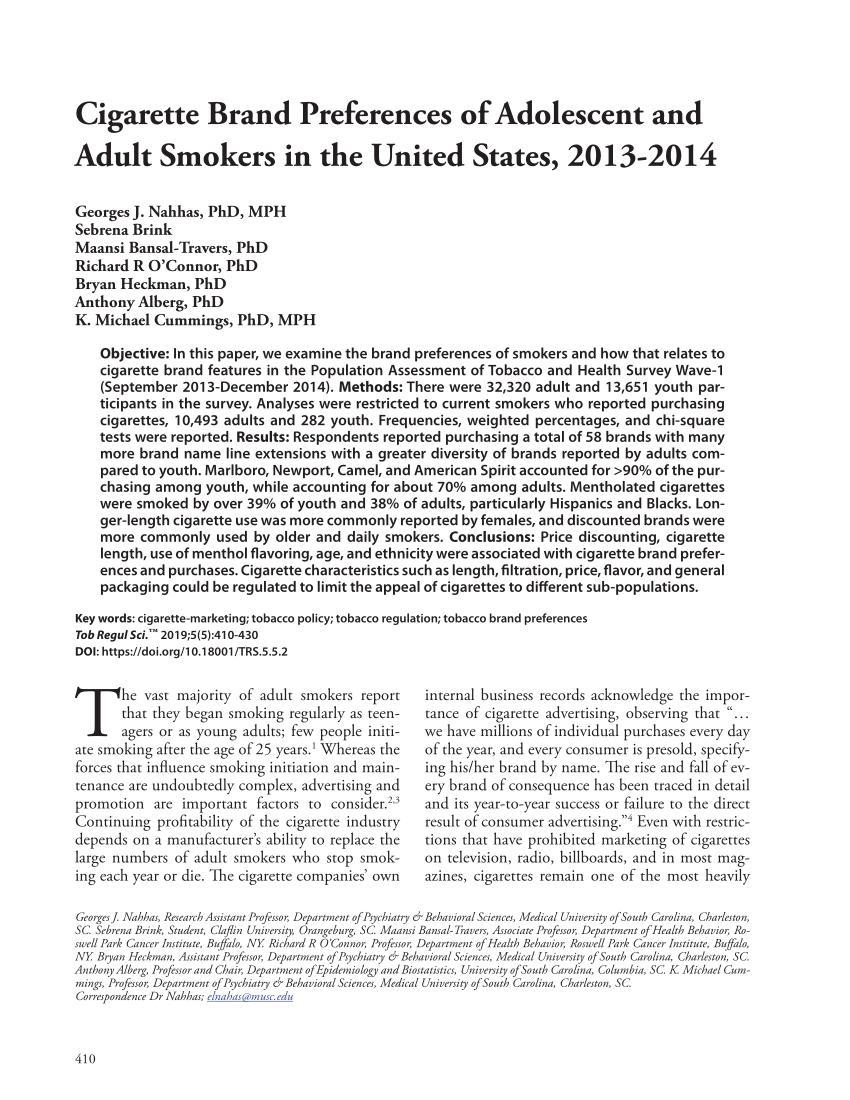 Pdf Cigarette Brand Preferences Of Adolescent And Adult Smokers In The United States