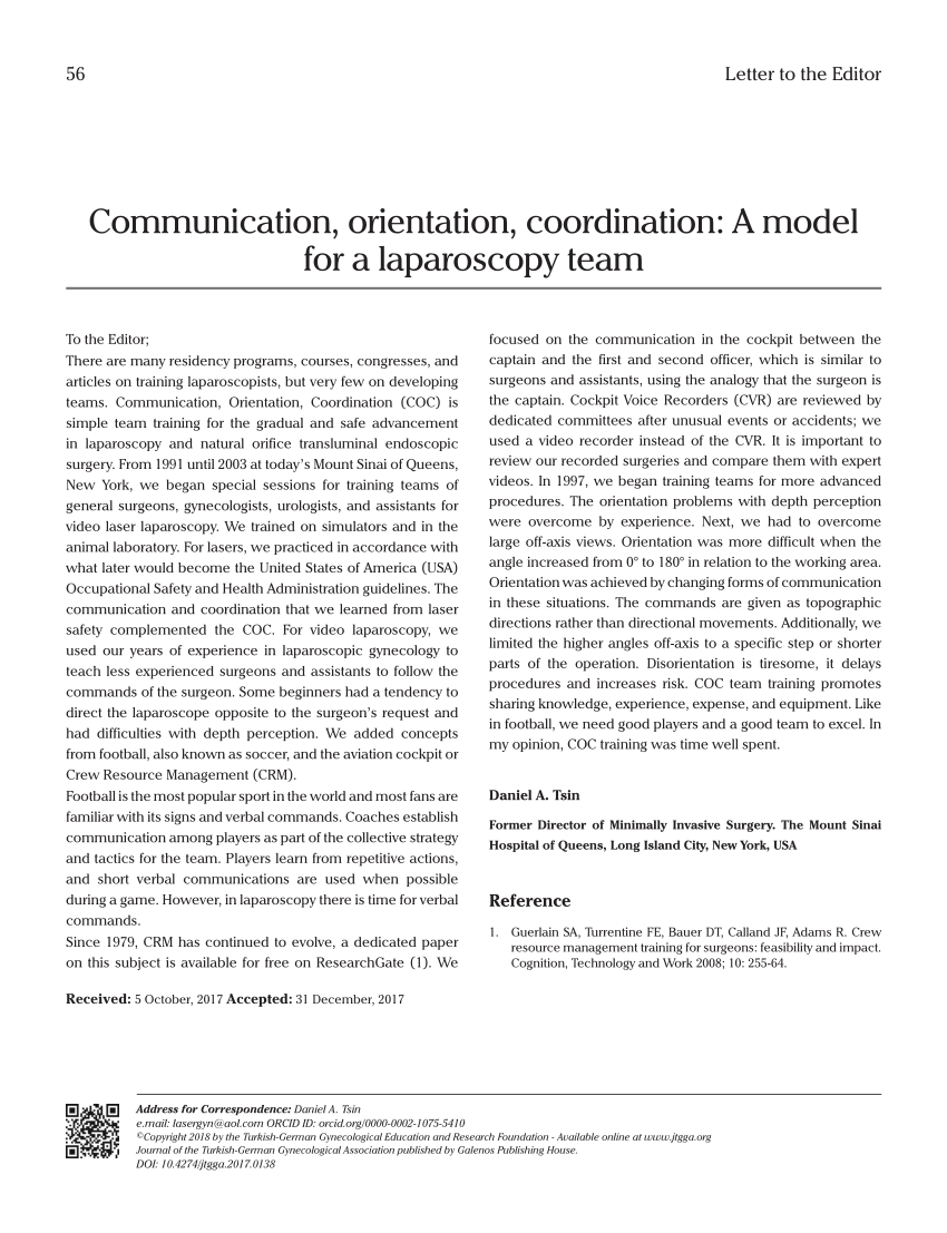 PDF) Communication, orientation, coordination: A model for a laparoscopy  team