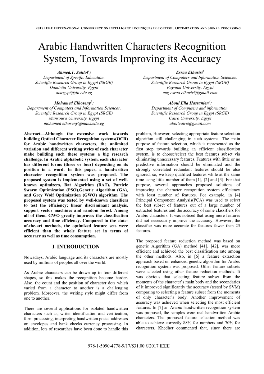 Pdf Arabic Handwritten Characters Recognition System Towards Improving Its Accuracy