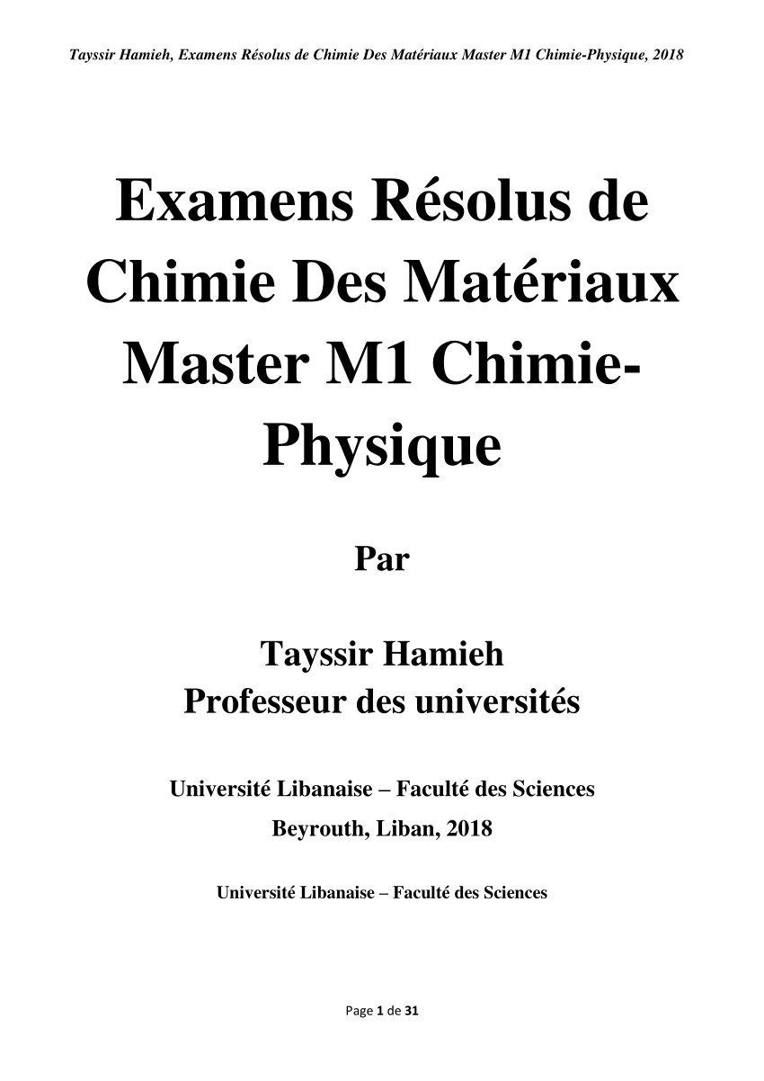 Pdf Examens Resolus De Chimie Des Materiaux Master M1 Chimie Physique