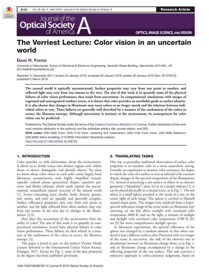 (PDF) The Verriest Lecture: Color vision in an uncertain world