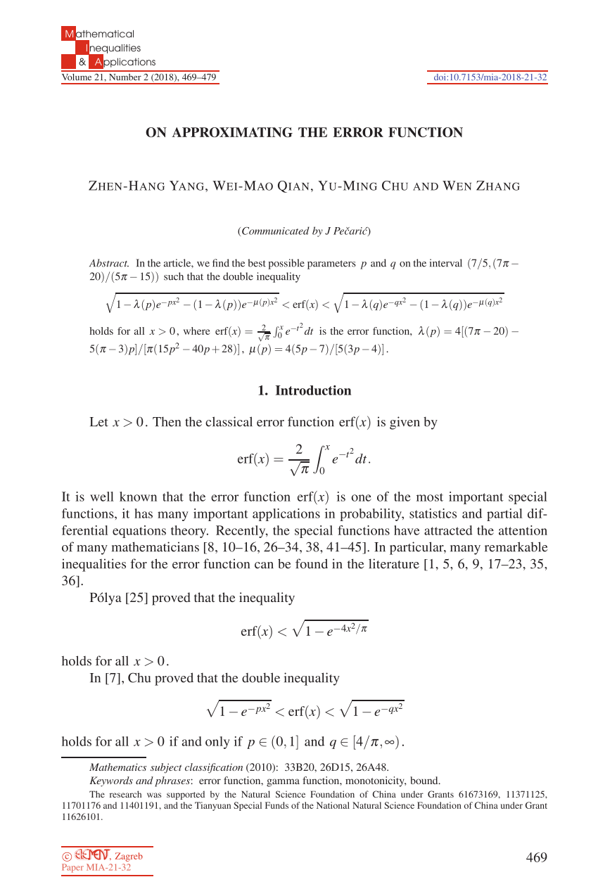 Pdf On Approximating The Error Function