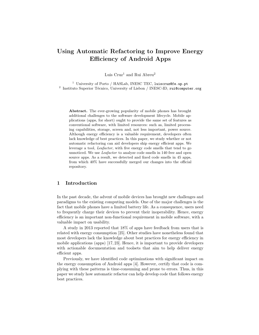 Pdf Using Automatic Refactoring To Improve Energy Efficiency Of Android Apps