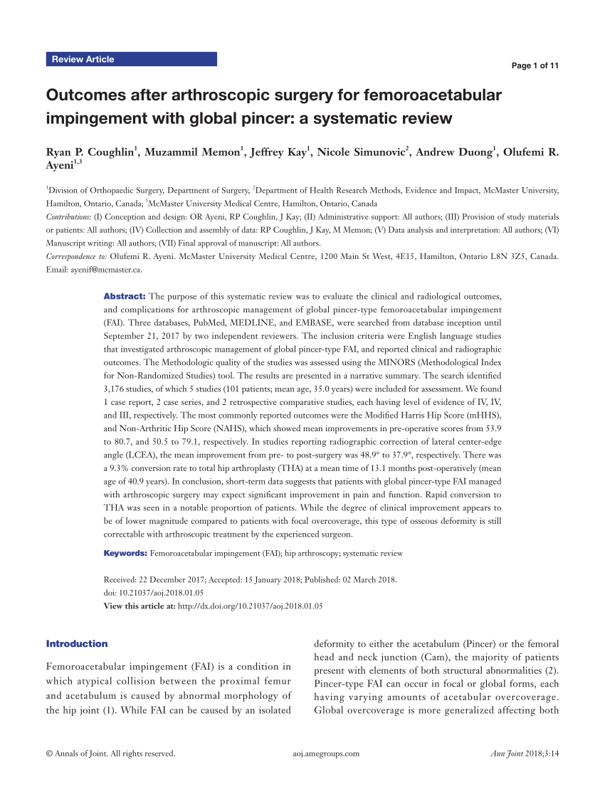 Pdf Outcomes After Arthroscopic Surgery For Femoroacetabular Impingement With Global Pincer A 2294