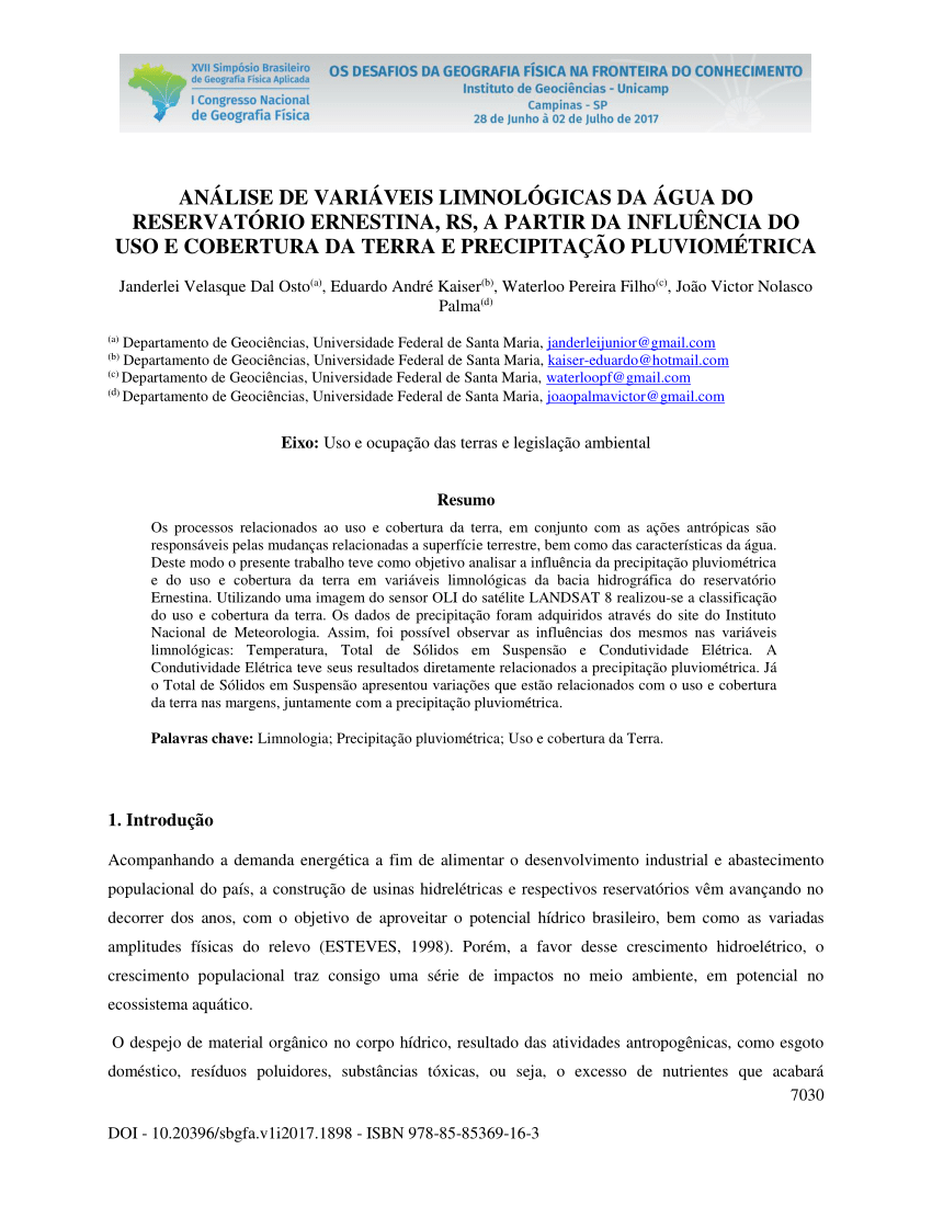 Pdf Análise De Variáveis Limnológicas Da água Do Reservatório Ernestina Rs A Partir Da 1832