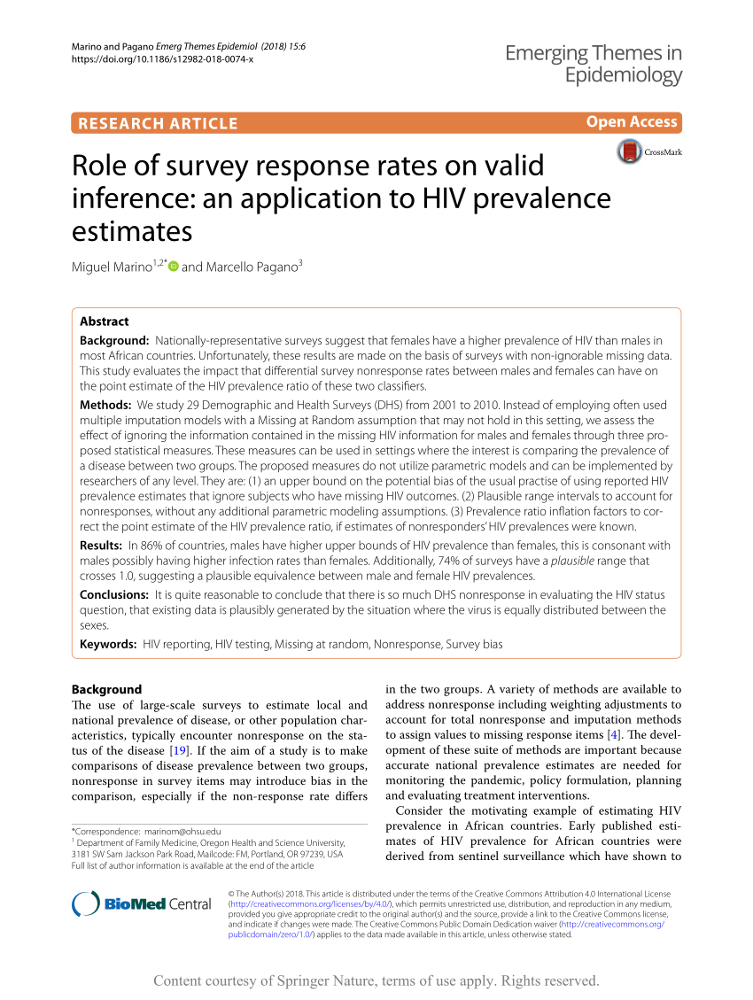 Pdf Role Of Survey Response Rates On Valid Inference An Application To Hiv Prevalence Estimates