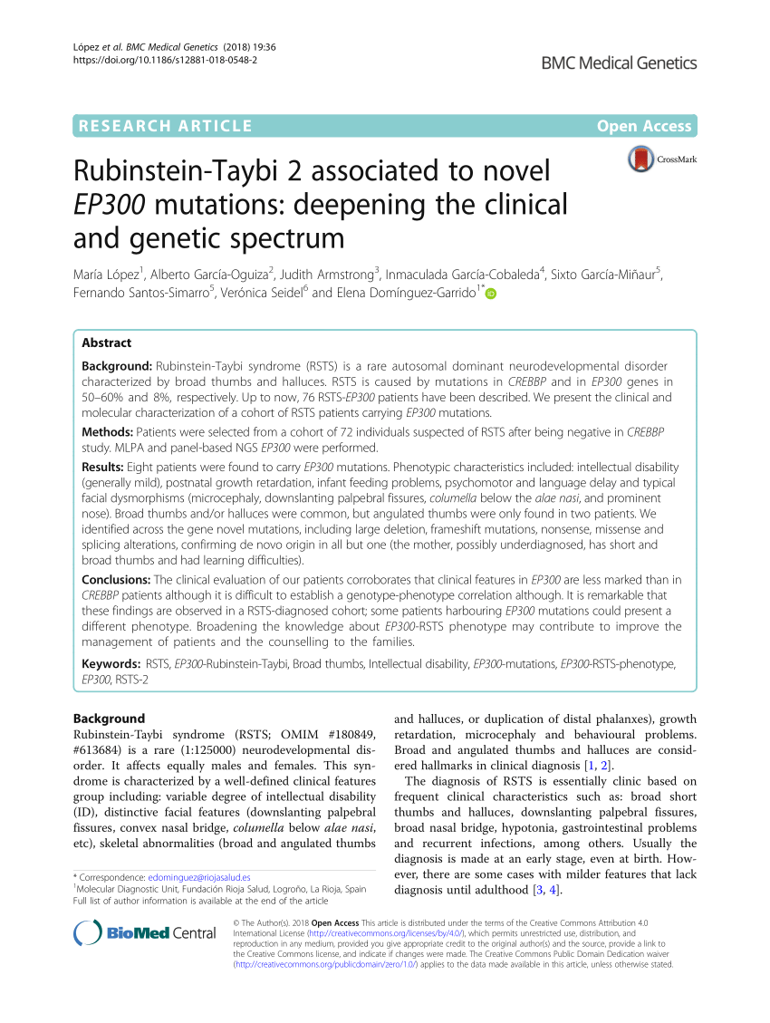 PDF) Rubinstein-Taybi 2 associated to novel EP300 mutations: Deepening the  clinical and genetic spectrum