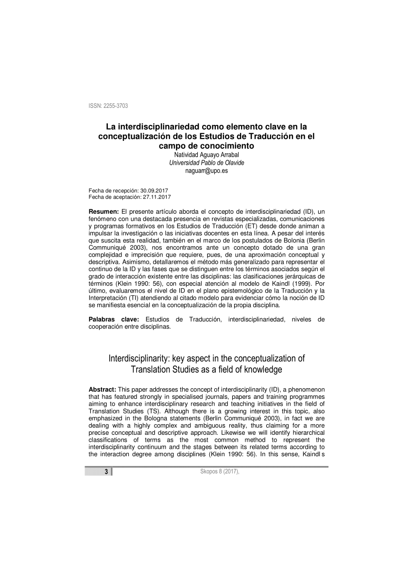 Pdf La Interdisciplinariedad Como Elemento Clave En La Conceptualizacion De Los Estudios De Traduccion En El Campo De Conocimiento