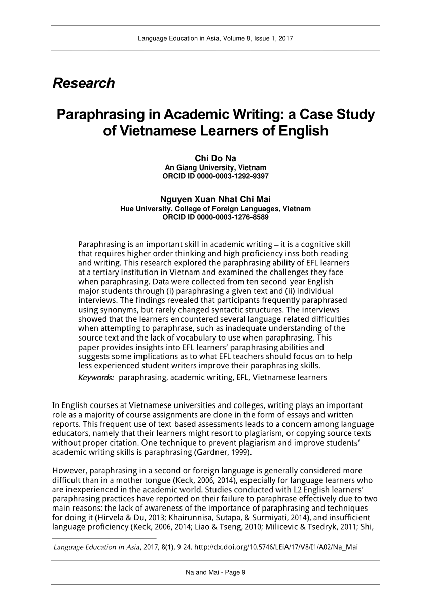 PDF) Paraphrasing in Academic Writing: a Case Study of Vietnamese