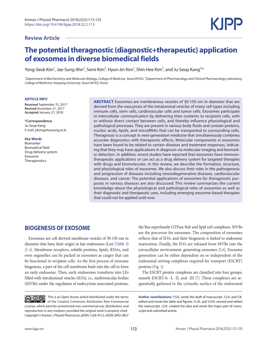 PDF) The potential theragnostic (diagnostic+therapeutic) application of  exosomes in diverse biomedical fields