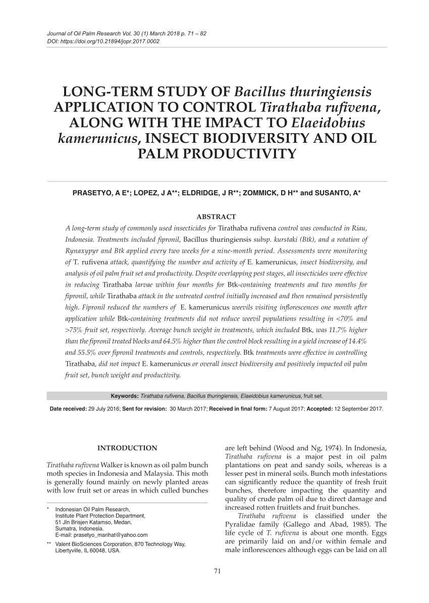 Pdf Long Term Study Of Bacillus Thuringiensis Application To Control Tirathaba Rufivena Along With The Impact To Elaeidobius Kamerunicus Insect Biodiversity And Oil Palm Productivity