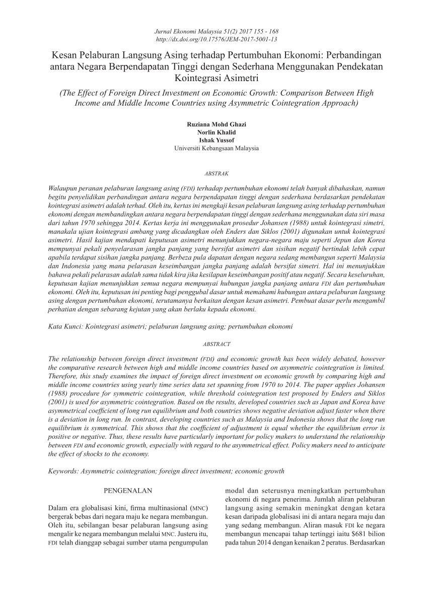 Pdf The Effect Of Foreign Direct Investment On Economic Growth Comparison Between High Income And Middle Income Countries Using Asymmetric Cointegration Approach