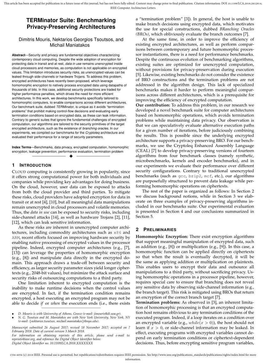 Pdf Terminator Suite Benchmarking Privacy Preserving Architectures