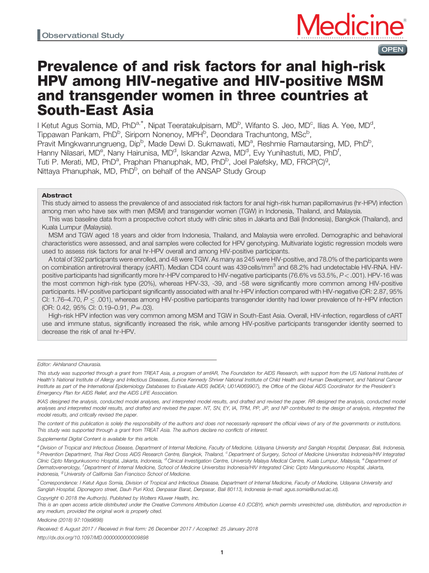 PDF) Prevalence of and risk factors for anal high-risk HPV among  HIV-negative and HIV-positive MSM and transgender women in three countries  at South-East Asia