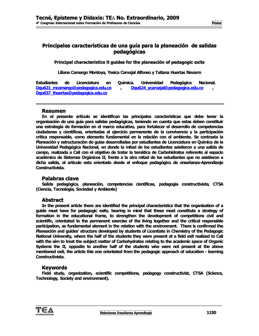 Pdf Principales Características De Una Guía Para La Planeación De Salidas Pedagógicas 7503