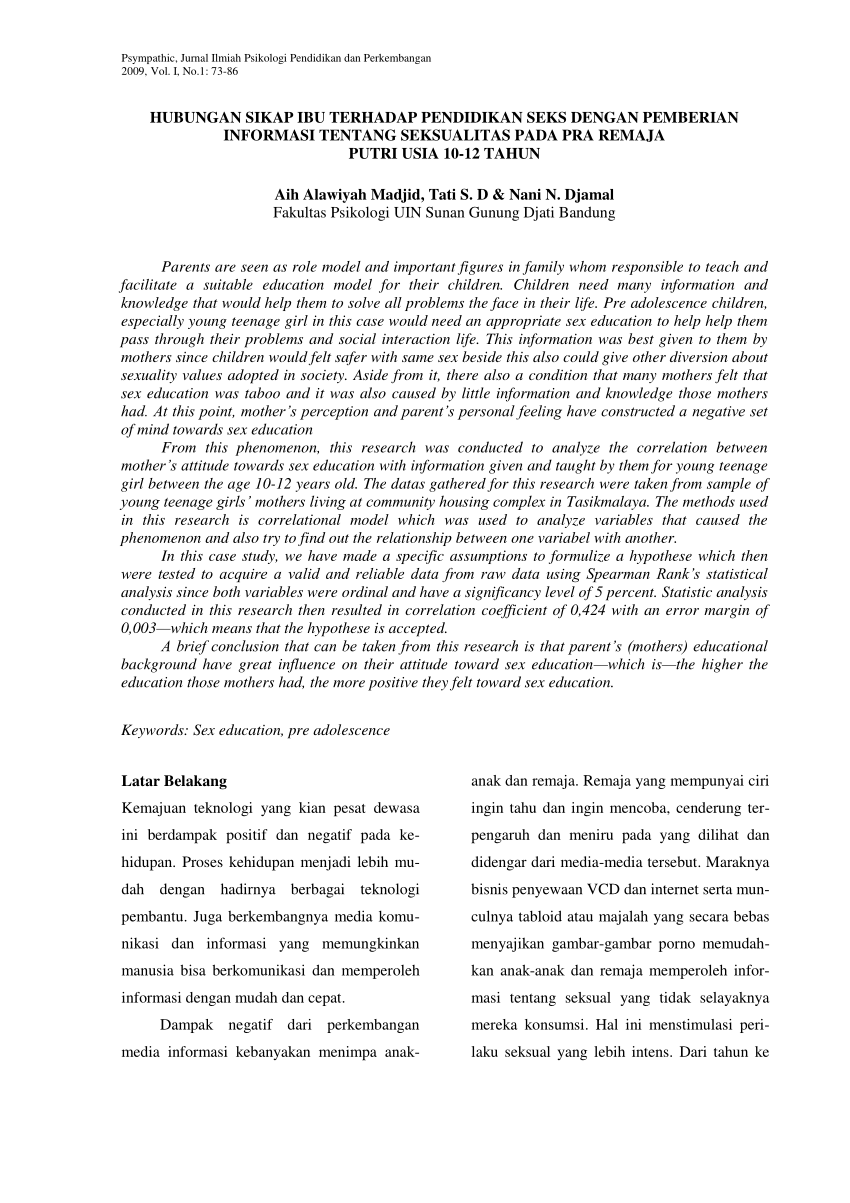 PDF) HUBUNGAN SIKAP IBU TERHADAP PENDIDIKAN SEKS DENGAN PEMBERIAN INFORMASI  TENTANG SEKSUALITAS PADA PRA REMAJA PUTRI USIA 10-12 TAHUN