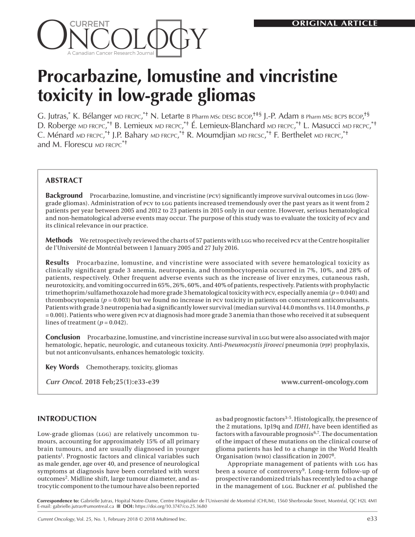Pdf Procarbazine Lomustine And Vincristine Toxicity In Low Grade Gliomas
