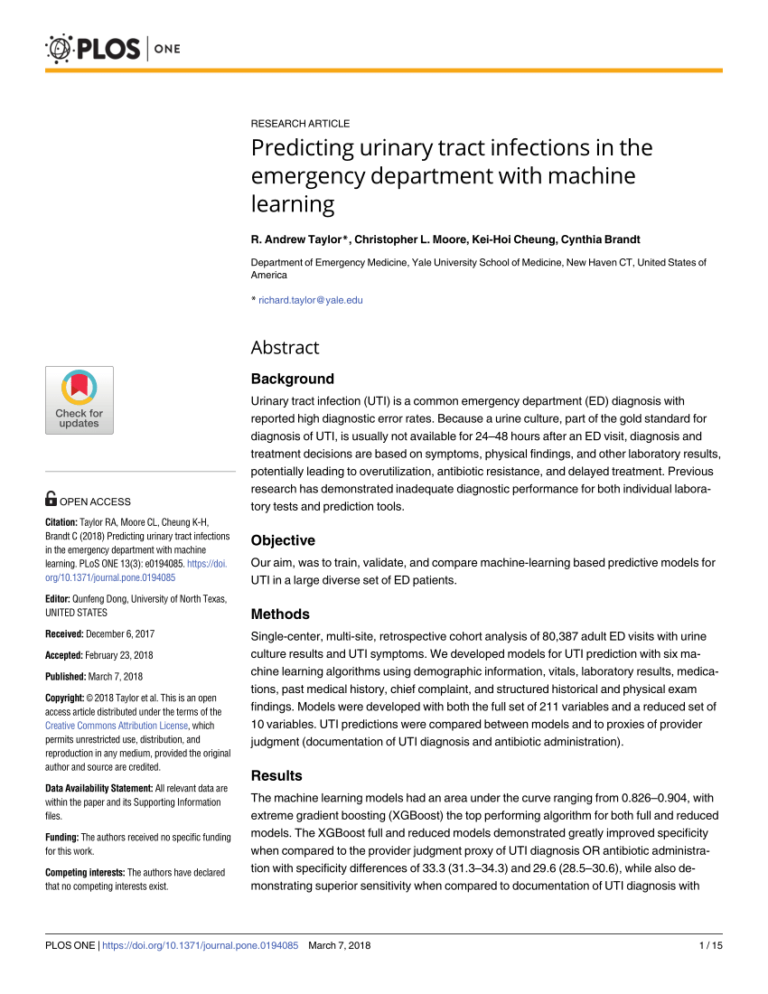 Pdf Predicting Urinary Tract Infections In The Emergency Department With Machine Learning 2831