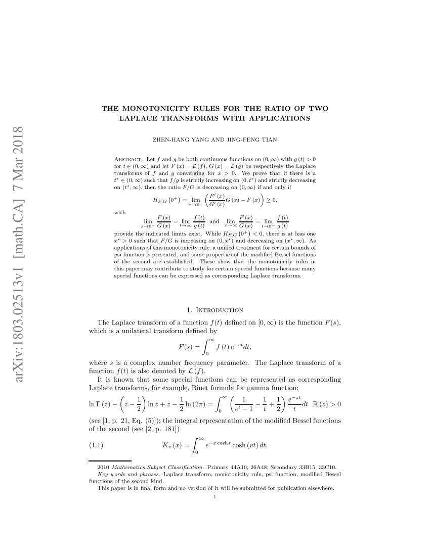 Pdf The Monotonicity Rules For The Ratio Of Two Laplace Transforms With Applications