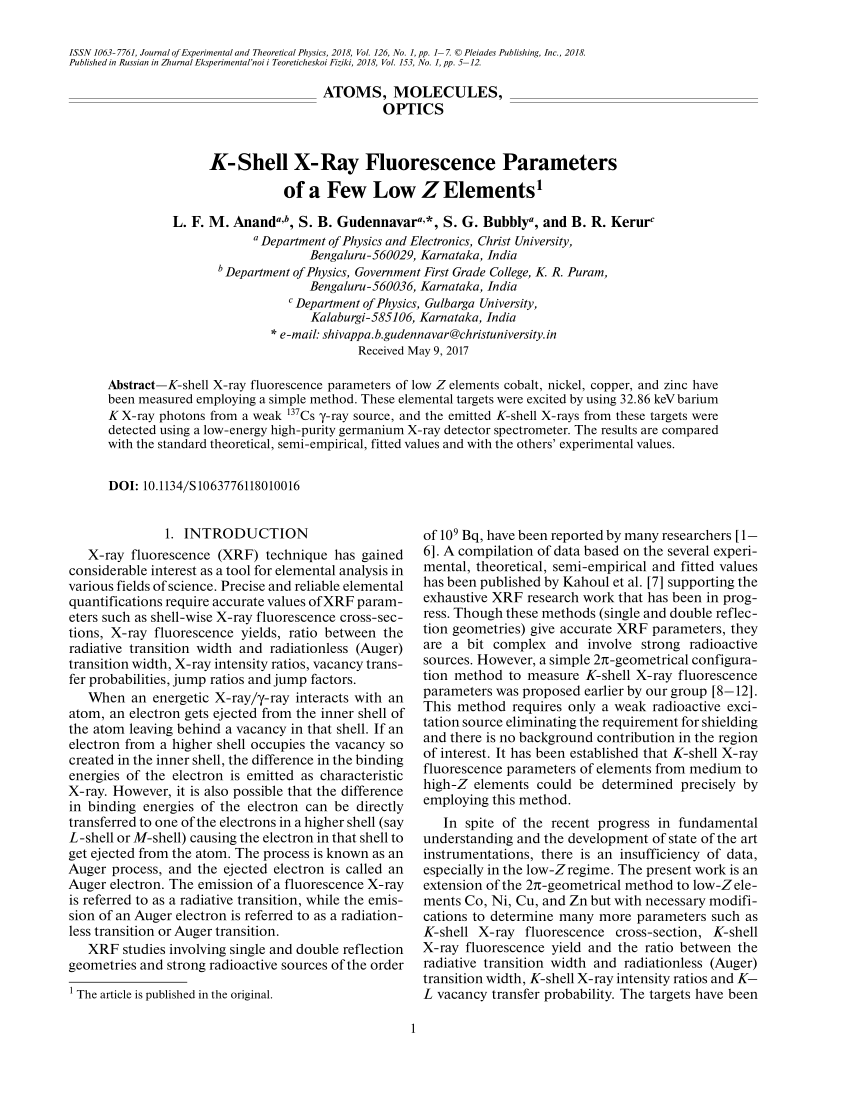 Pdf K Shell X Ray Fluorescence Parameters Of A Few Low Z Elements