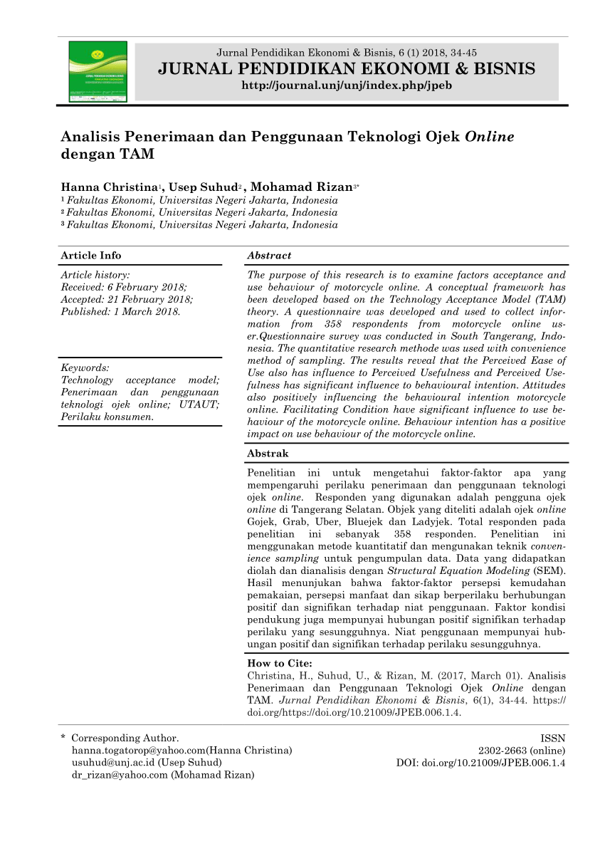 Pdf Analisis Penerimaan Dan Penggunaan Teknologi Ojek Online Dengan Tam